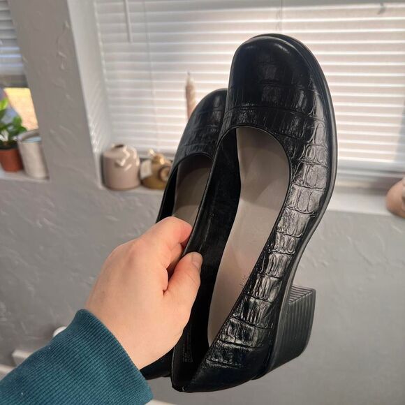 Y2K Chunky Square Toe Leather Croc Block Heels - Picture 3 of 7